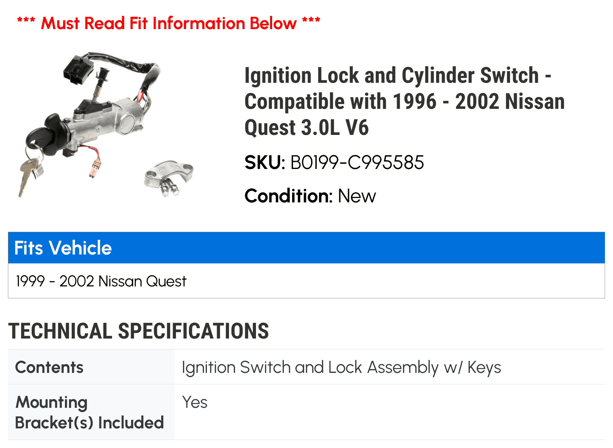 Ignition Lock and Cylinder Switch - Compatible with 1996 - 2002 Nissan Quest 3.0L V6 1999 2000 2001