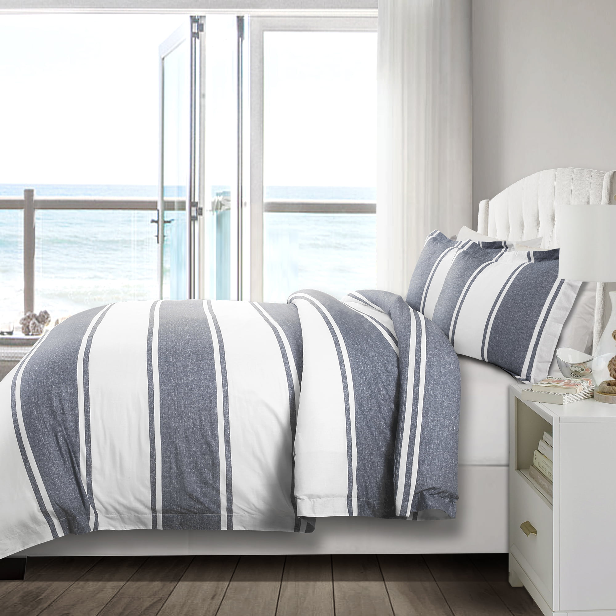 A0156-BT3-K Grey Vertical Ticking Stripes Pattern Printed on White 3pcs, King Size 100% Cotton Bedding with Zipper Closure Gray White Striped Duvet Cover Set J Wake In Cloud
