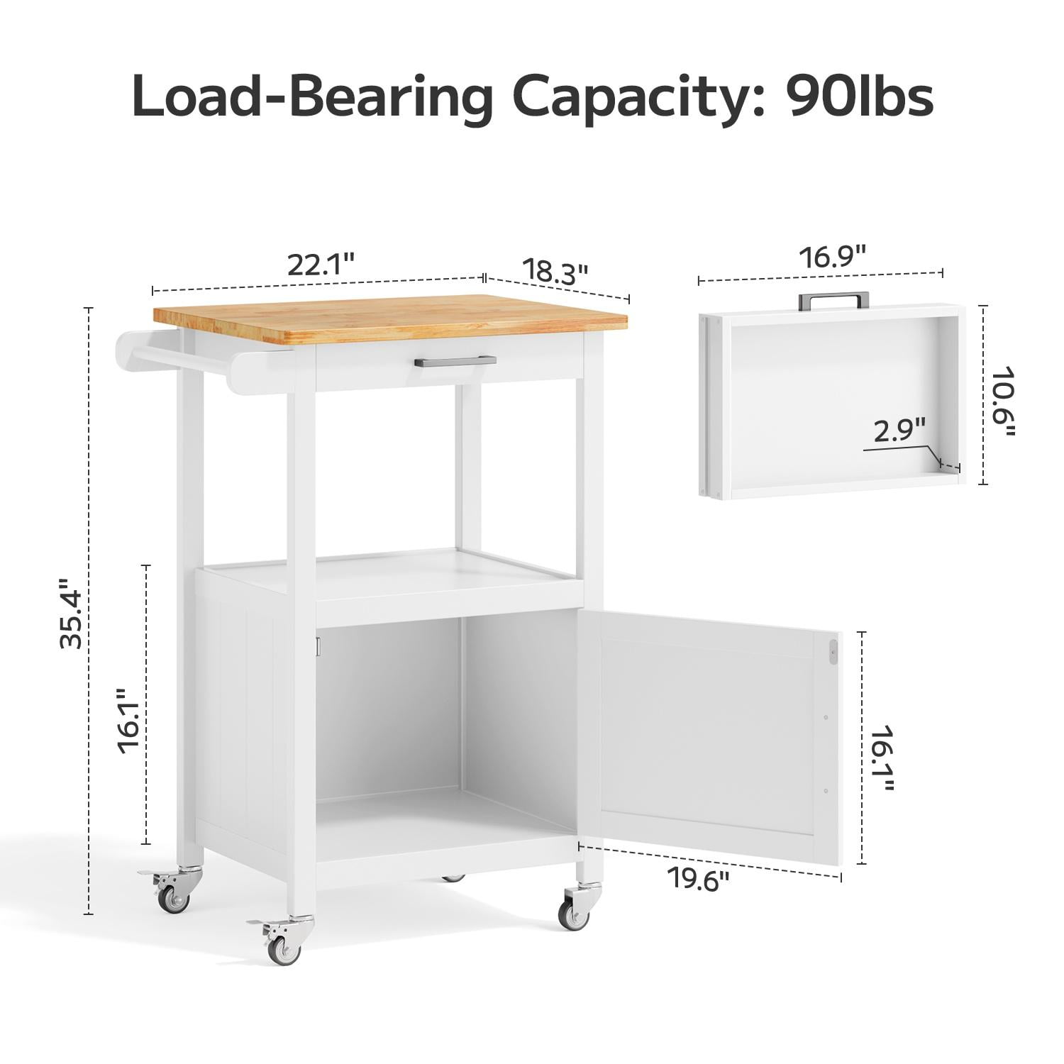 Asofer Rolling Kitchen Island Cart with Storage and Drawer, Small Coffee Cart, Microwave Stand on Wheels, White