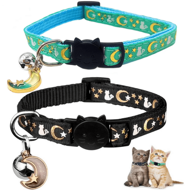 CHUANK 2PCS Breakaway Cat Collars with Bell Moons Stars Cute Kitty Adjustable Safe Kitten Collars with Pendant Glow in The Dark