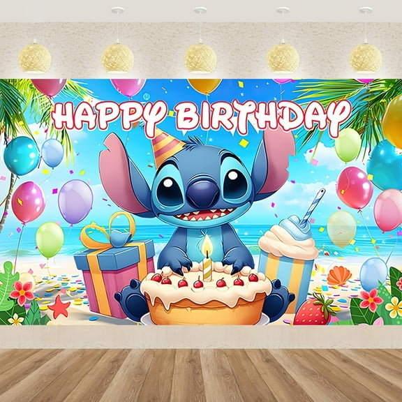 Stitch Birthday Happy banner, indoor/outdoor decoration for birthdays, weddings, holidays, vibrant cartoon character printing, holiday room decoration, home decoration