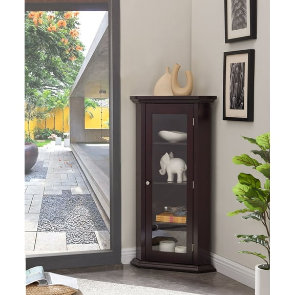 Didan Corner Accent Display Curio Cabinet, Cherry Wood