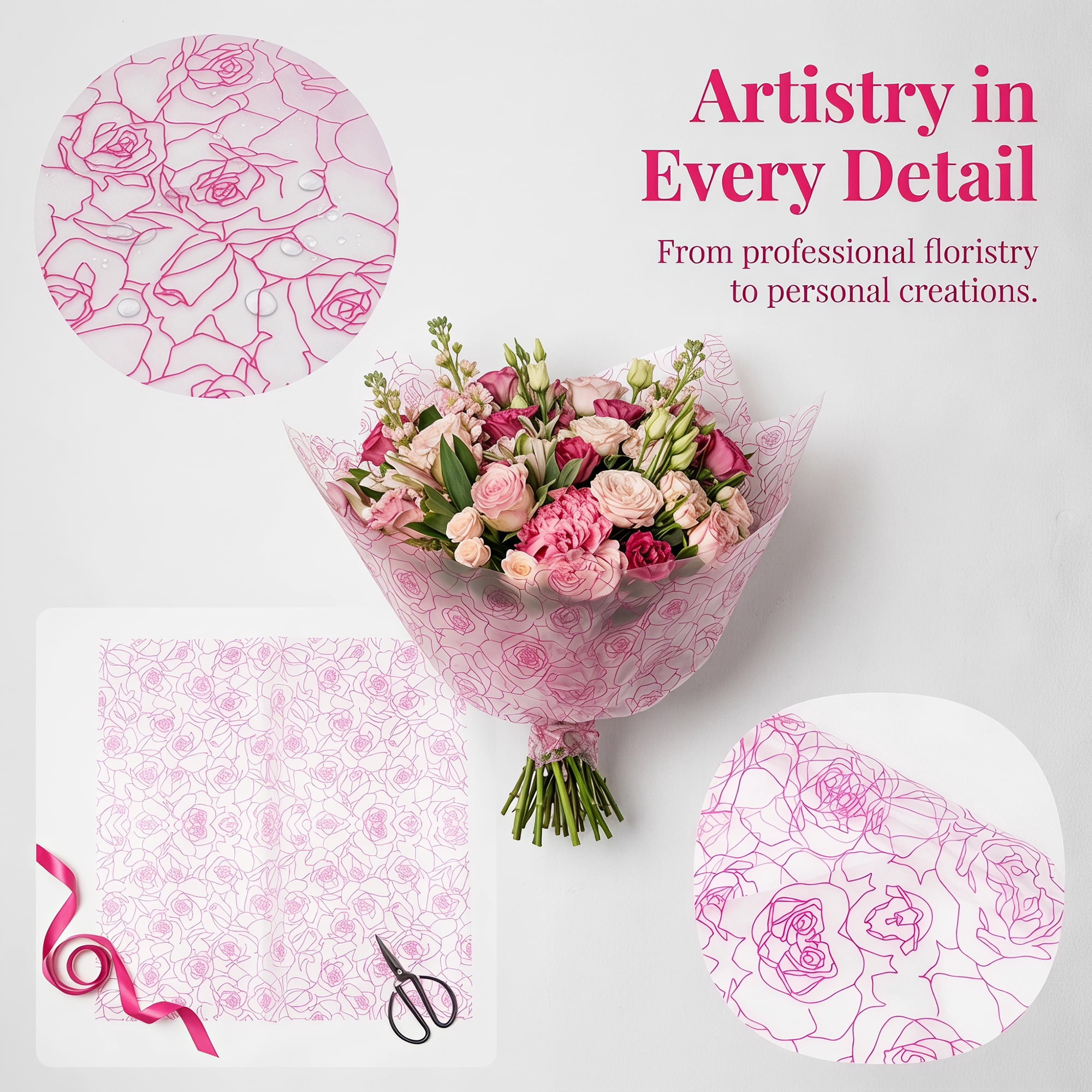 Unique Bargains Gift Wrapping Paper with Rose Pattern for Arrangements Rose Red 22"x 22"