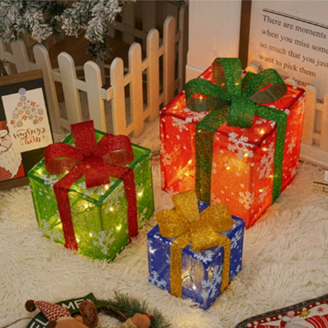 Fridja Christmas Decorations Clearance Christmas Light Decorative Boxes for Christmas Decorations Three Different Size of Gift Box with Warm LED Lights Xmas Indoor