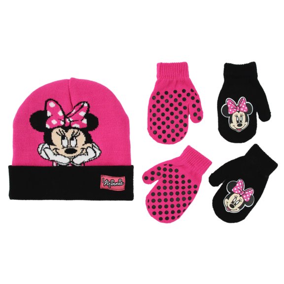 Kids Winter Hat Set, Minnie Mouse Toddler and Little Girl Reversible Hat and 2 Pair Gloves or Mittens