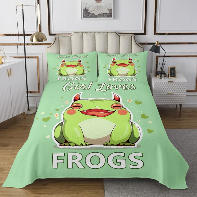 Erosebridal Green Frog Coverlet Set King, Cute Wildlife Bedding Set, Cartoon Style Decor 3pcs