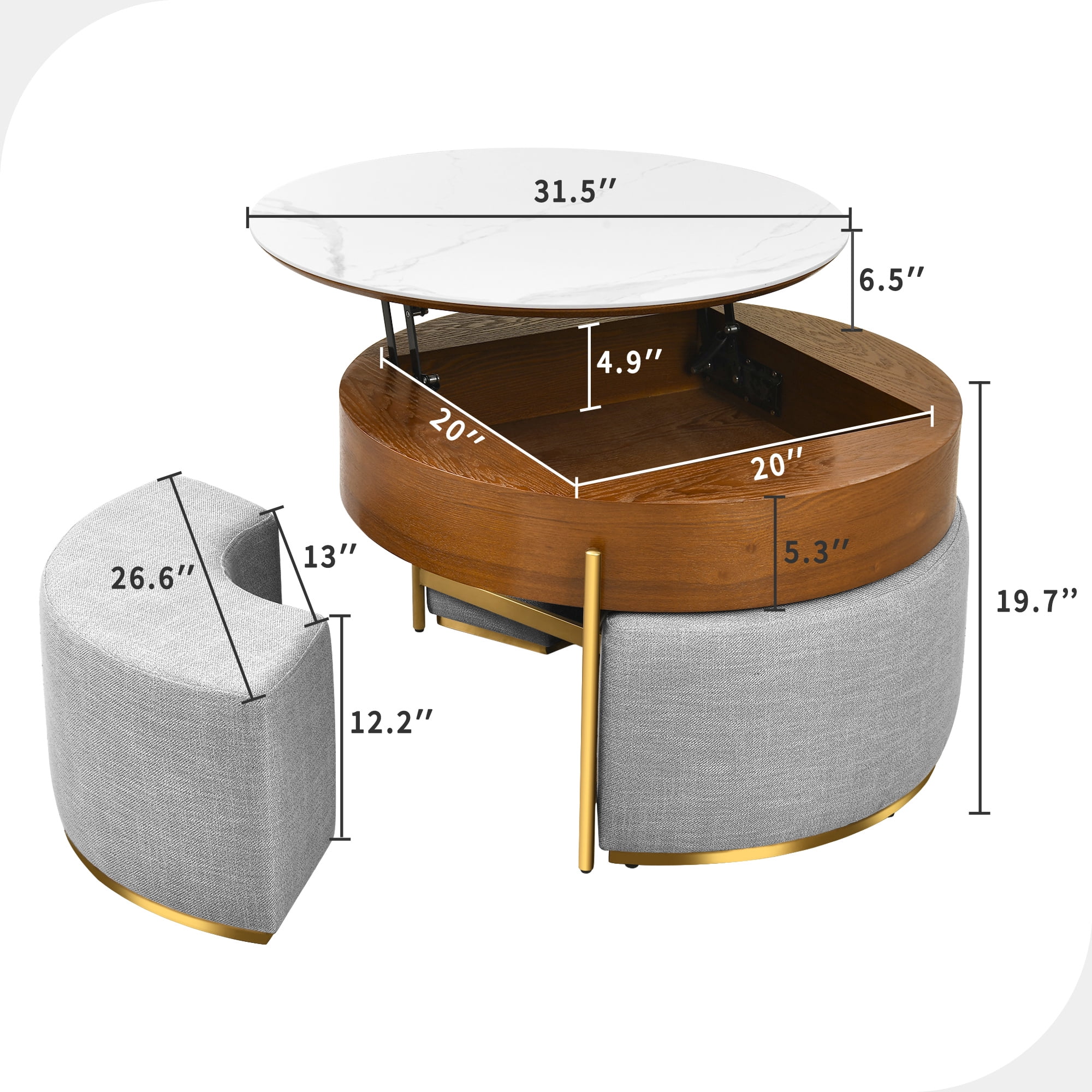 Uforic Round Lift-Top Coffee Table with Storage & 3 Stools, Faux Marble Center Table for Living Room