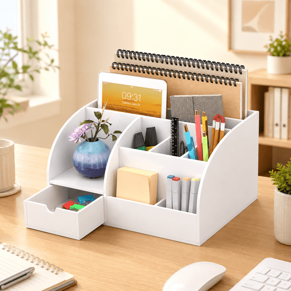 NIUBEE Acrylic Desktop Organizer, Pen Holder and Storage Rack, Featuring 8 Compartments and 1 Drawer, Office Desk Accessory, Ideal for Organizing Pens, Scissors, Memo Pads