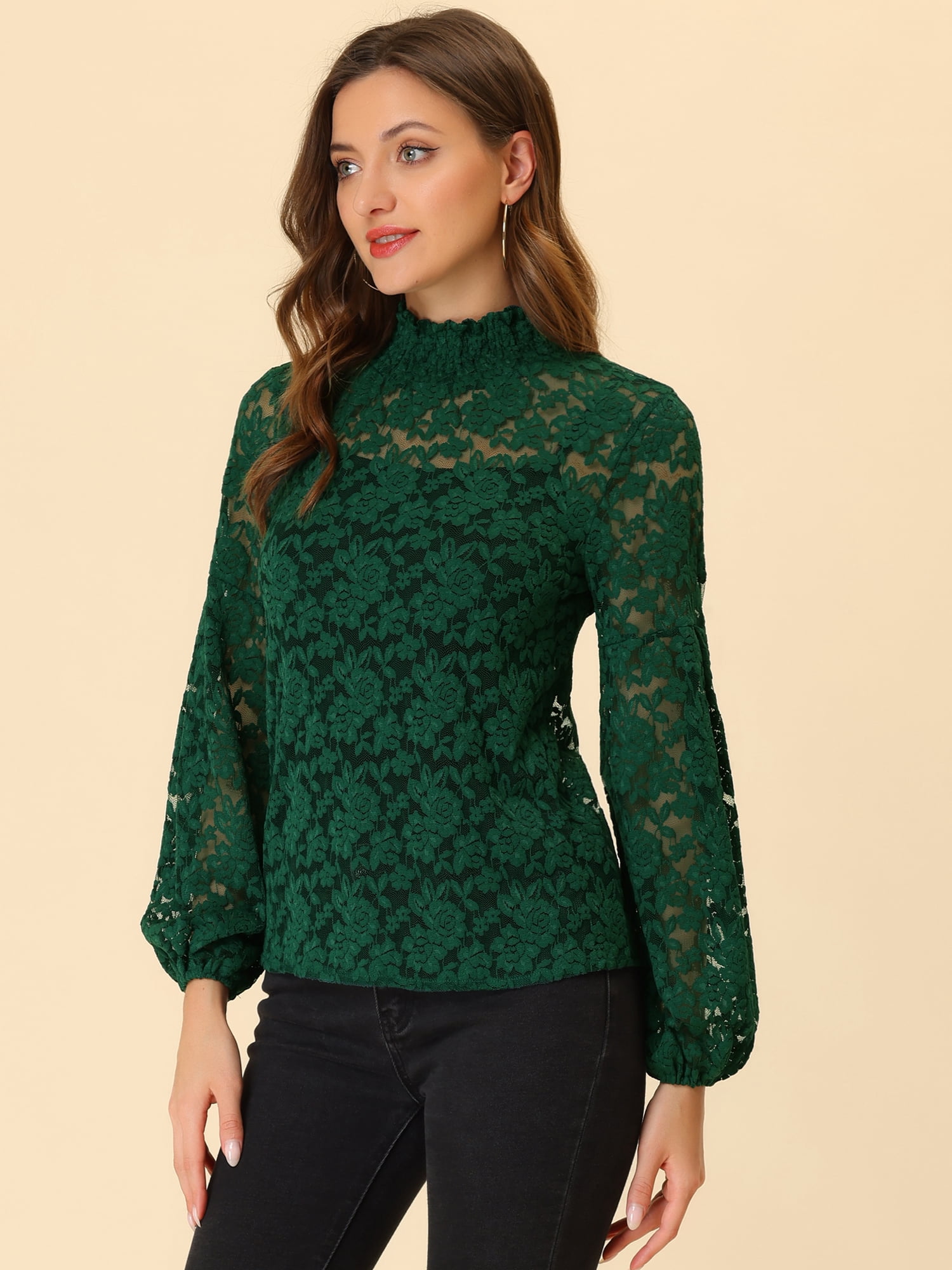 DARING DIVA Lace Elastic Cuff Long Sleeves Vintage Blouse M Dark Green