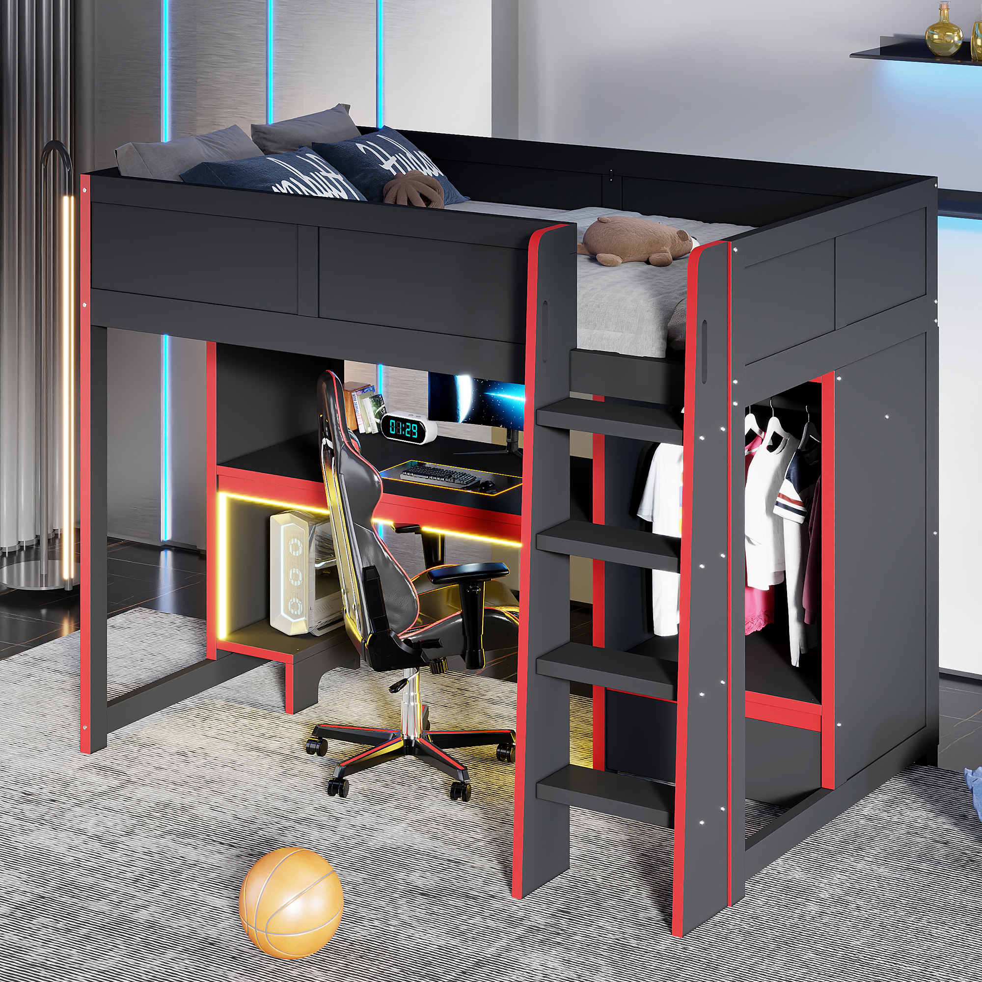 Euroco Wood Twin Size Loft Bed with Desk and Drawer, Gaming Bed with LED Light and Open Wardrobe