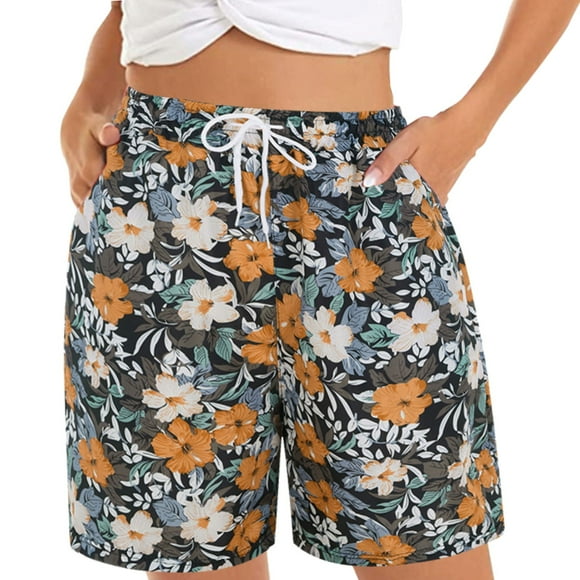 TrendOFT Womens Casual Summer Shorts Comfy Beach Elastic Waist Floral Print With 2 Pockets Lounge Shorts Women Athletic Shorts Coffee XXXL
