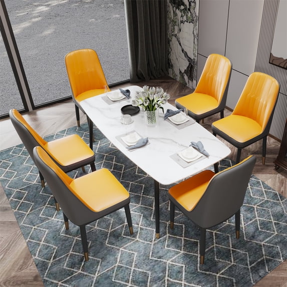 Dining Chair Set of 6, PU Accent Chair Lounge Kitchen Leisure Chairs with Iron Metal Gold Plated Legs, Upholstered Seat Double Color Armless Side Chair for Dining Room Counter Living Room, Orange