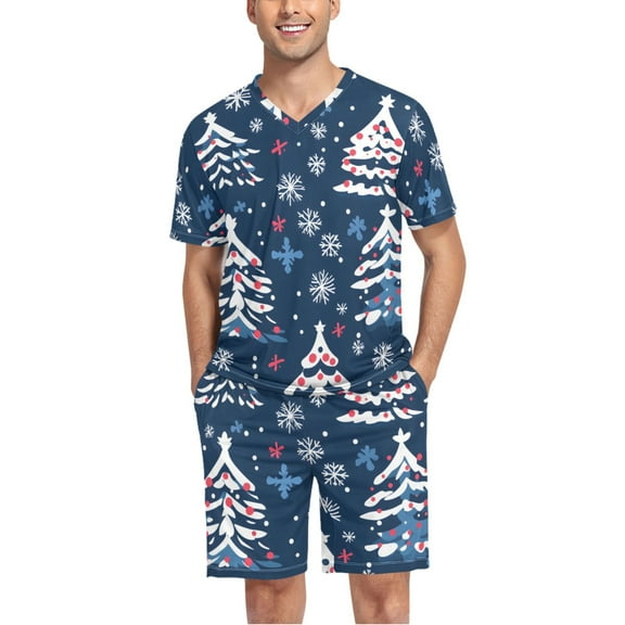 joogoo Men's Pajama Set Christmas Tree Snowflakes V-Neck Pj Shorts Set 2 Piece Loungewear Sleepwear L