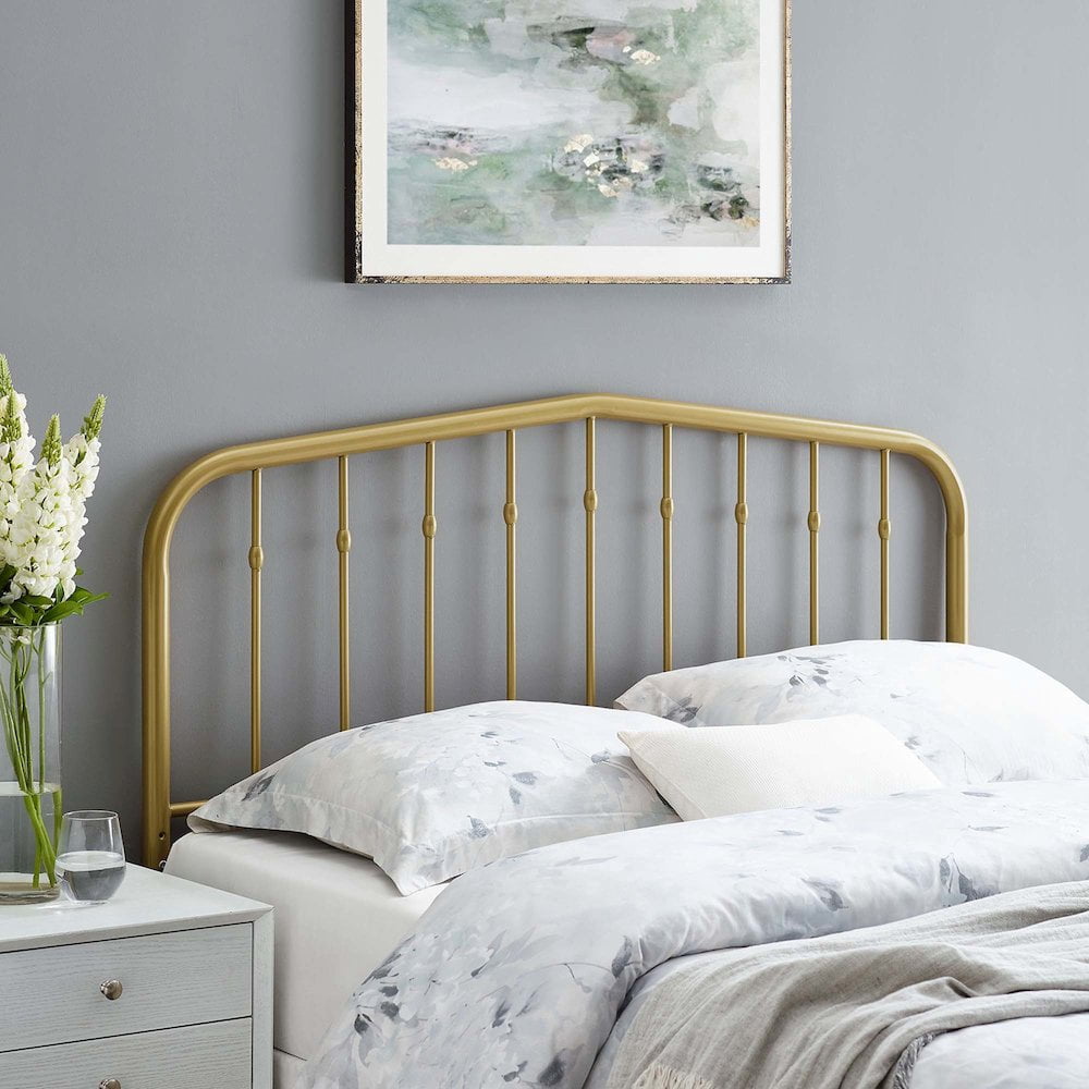 Modway Lennon Contemporary Modern Queen Metal Spindle Headboard in Gold