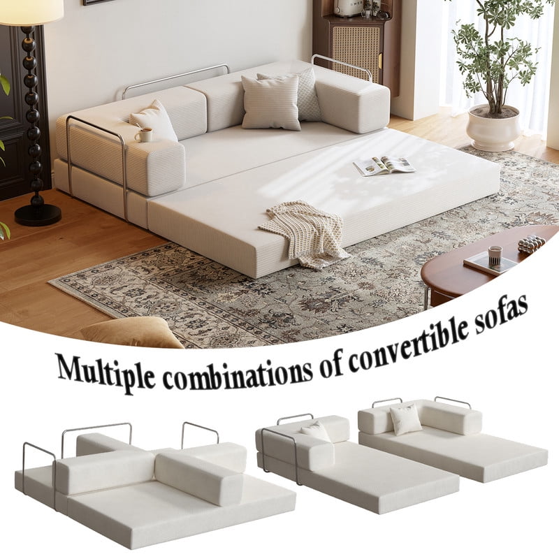 Lodeija 80.3" 5-in-1 Convertible Futon Sofa Bed, White Corduroy Tatami Sleeper Couch for Small Spaces, 2 Pillows