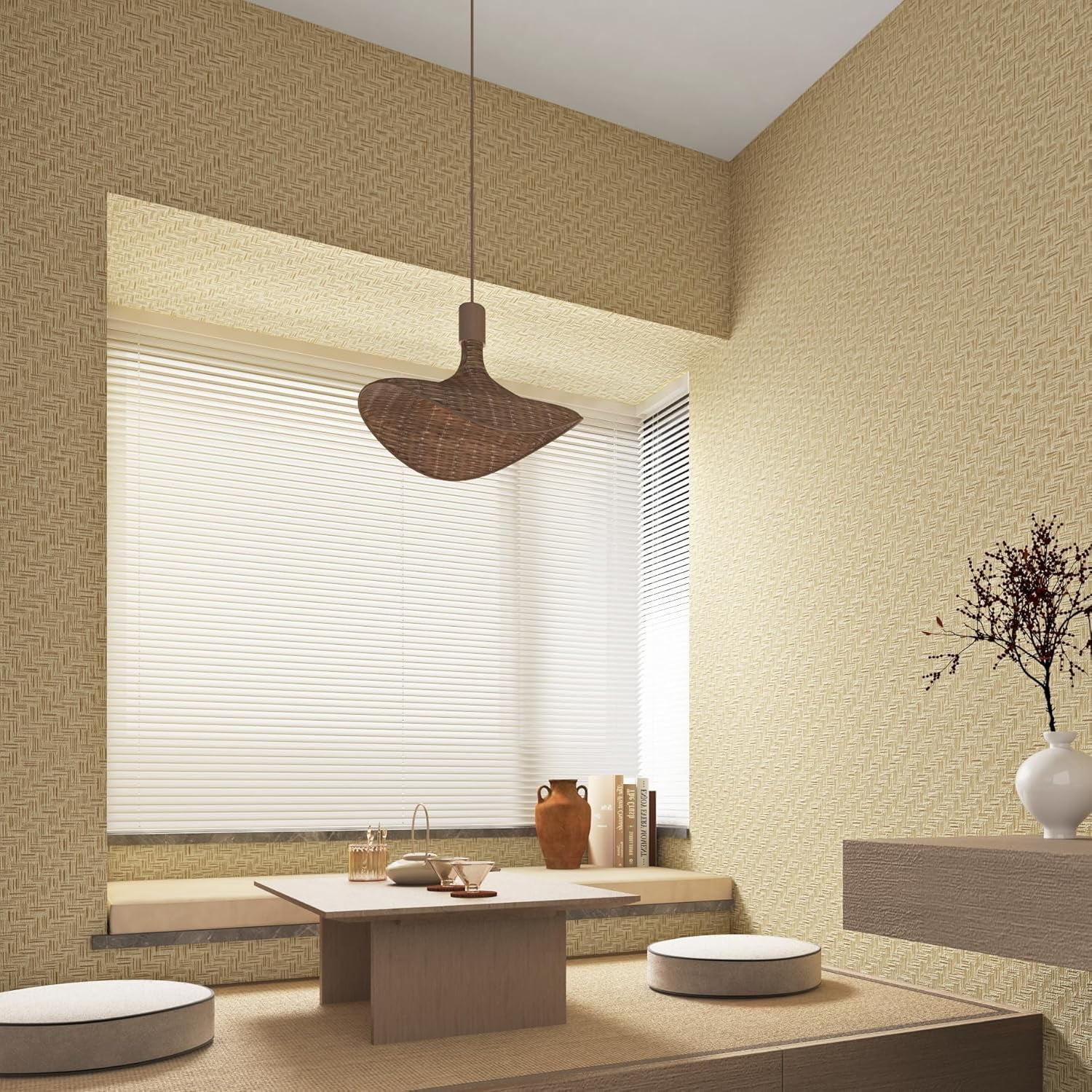 Fabric Wallpaper Textured Contact Paper (24in X 393in) Grasscloth Wallpaper Peel and Stick Faux Linen Wall Paper Waterproof Vinyl Self Adhesive (Light Brown-1)