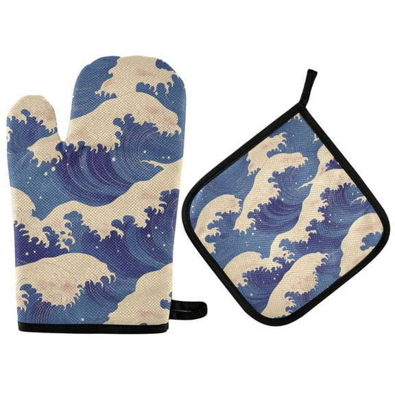 Yayeee Oven Mitts and Pot Holder Set of 2 Heat Resistant Kitchen Gloves Baking Hot Pad, Blue Wave Pattern