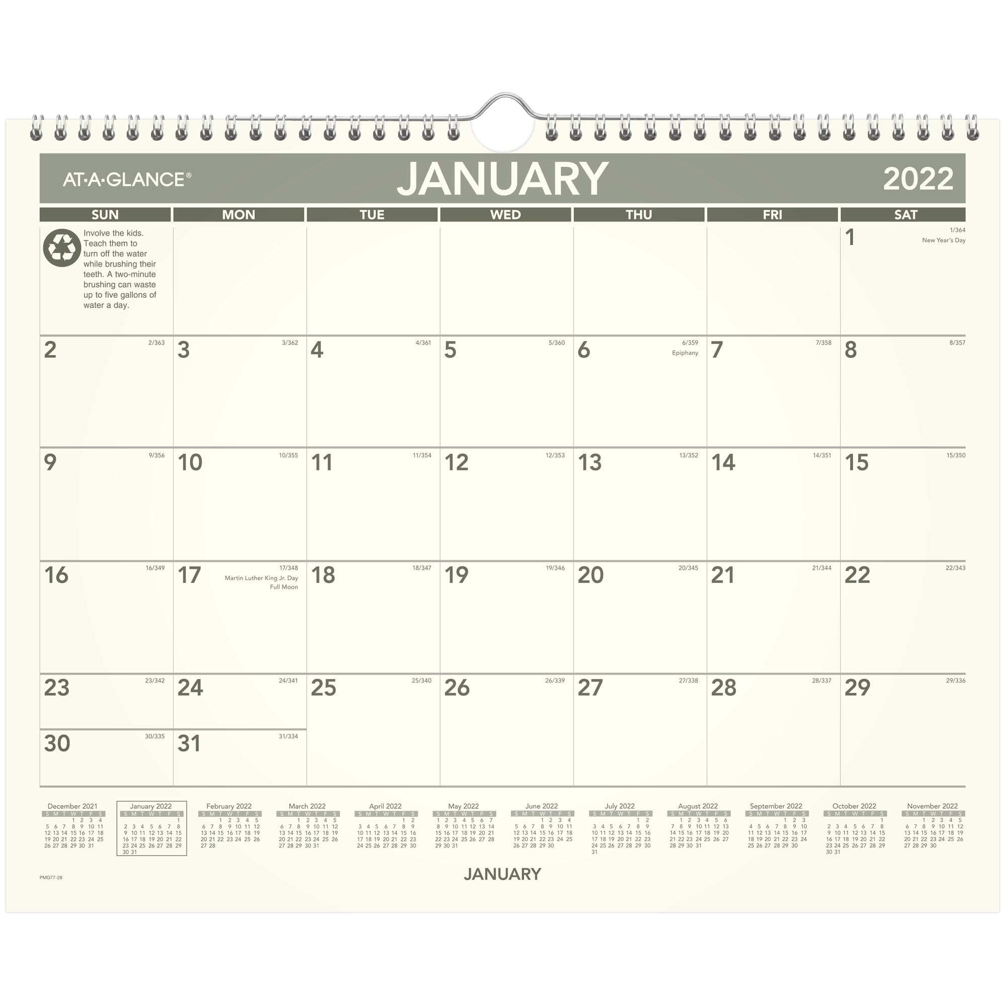 AT-A-GLANCE Recycled Monthly Wall Calendar, 15' x 12', January 2022 to December 2022 - PMG772822