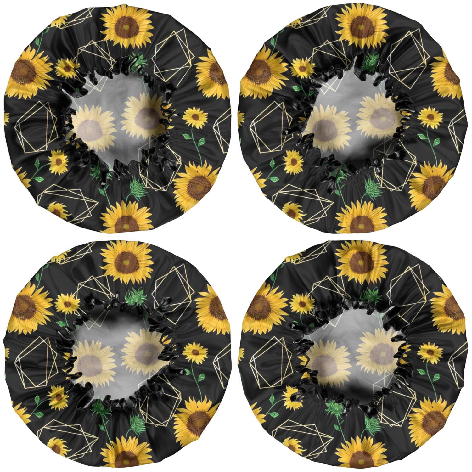 Shower Caps,Black Geometric Sunflower Pattern Waterproof Shower Cap for Women 4 Pieces,Double Reusable Hair Cover for Shower PEVA Elastic Stretch Hem