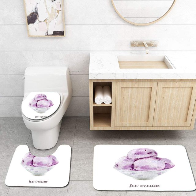 ABPHQTO Postre aislado de helado dibujado a mano acuarela en blanco Juego de alfombras de baño de 3 piezas Alfombra de baño Alfombra de contorno y tapa de inodoro