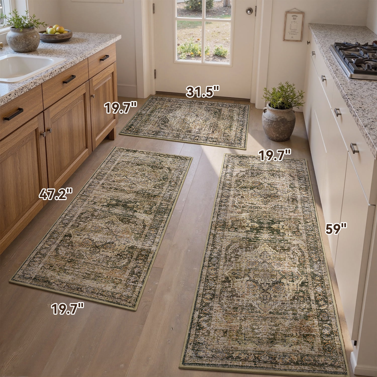 SIXHOME 3-Piece Kitchen Rugs and Runner Set Washable Vintage Kitchen Mat Non-Slip Low-Profile Rugs for Kitchen Sink Laundry Bedside 20"x32"+20"x48"+20"x59" Brown