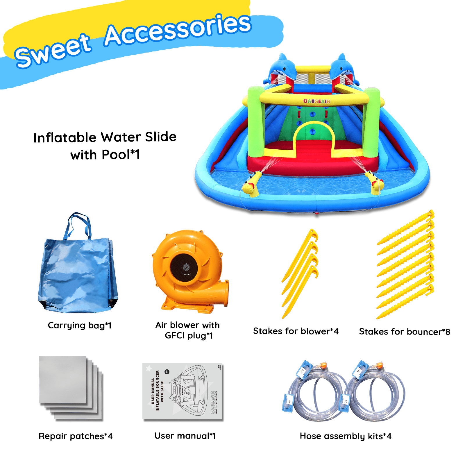 Causeair Inflatable Bounce House with Slide, Splash Pool, Double Cannon, Heavy-Duty Blower, Water Park for Kids