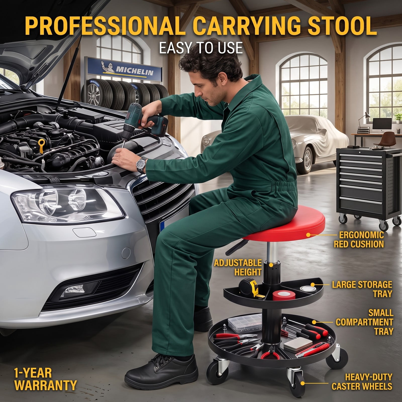 Furnibear Rolling Mechanic Stool with Wheels, 16.5-22 in Adjustable Height Swivel Shop Stool, 2-Tier Tool Trays, PU Leather Padded Seat, 360 Degree Casters, 265, Red