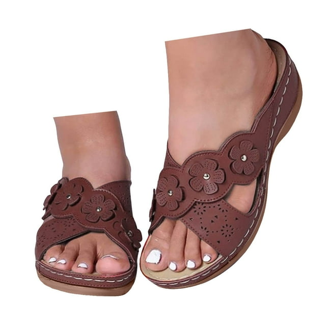 Sandales à Enfiler à Talon Compensé pour Femmes, Style Bohème de Plage, Été, Fleur, Cuir, Bout Ouvert, Talon Moyen, Mules, Pantoufles