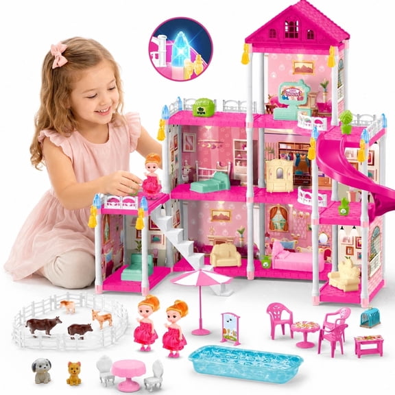 JoyStone Dollhouse 5 Rooms DIY Pretend Play Building Playset, Princess House Asseccories and Furniture,Gift for 6-9 Girls