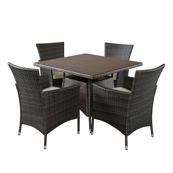 GDF Studio Langton Outdoor Wicker 5 Piece Dining Set with Cushion, Multibrown, Beige, and Brown