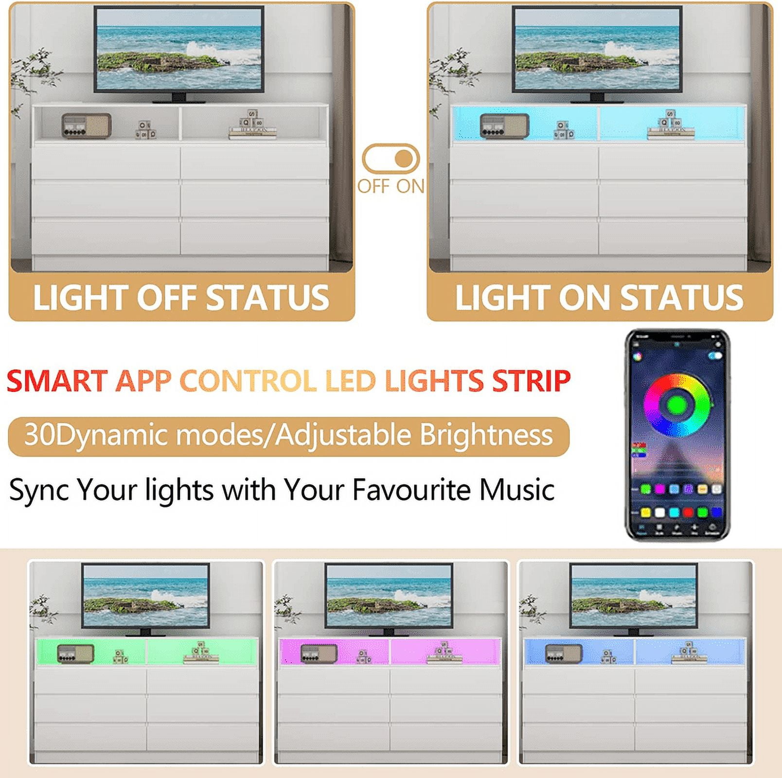 6-Drawer Double Dresser with Power Outlet and LED Light, Accent Chest of Drawers for Bedroom, Living Room – STIKELY