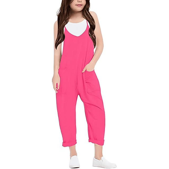 Girls' Fashion Casual V Suspender Romper Solid Color Loose Casual Romper With Pocket Features: