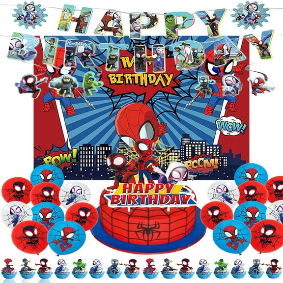 Spiderman birthday decorations, party supplies set including banners, balloons, cake toppers, backdrop