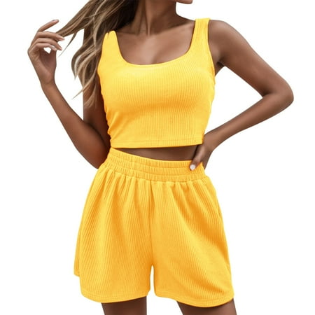 OJSFQUFP Women Clothing Set Yellow Two Piece Outfits Women Soft Shorts Sets 2 Piece Sleeveless Matching Crop Top and High Waisted Shorts L2