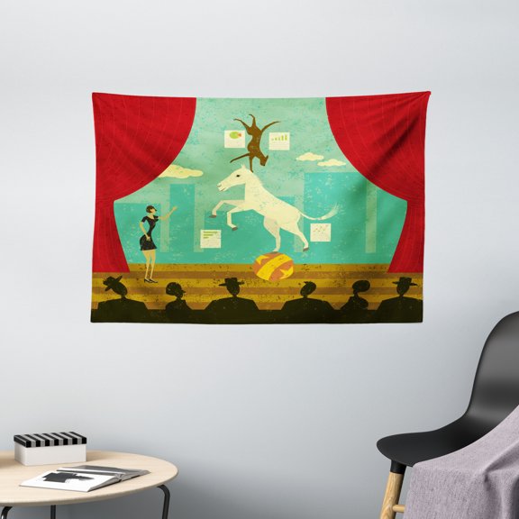 Circus Tapestry, Circus Show of Pony and Hound Dog with Assistant at Theatre Stage and Audience Theme, Wall Hanging for Bedroom Living Room Dorm Decor, 60W X 40L Inches, Multicolor, by Ambesonne
