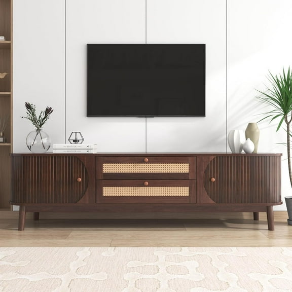 Mid Century Modern TV Stand for TVs up to 75”, Fluted Entertainment Center, Media Console with Tambour Sliding Doors and Rattan-Style Drawers, Walnut Finish Media Console for Living Room