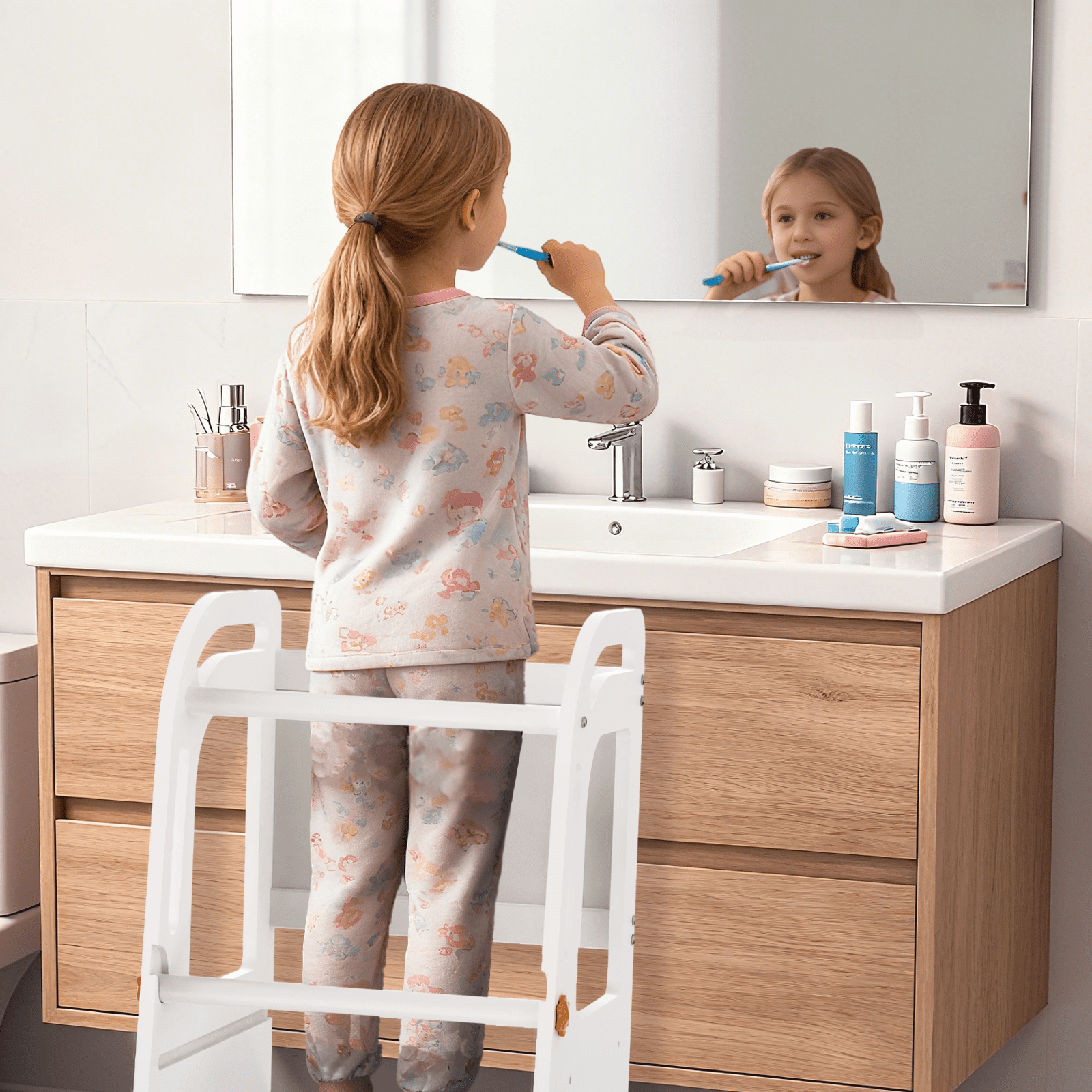 G TALECO GEAR Toddler Tower with Chalkboard, Toddler Kitchen Kids Step Stool Helper, Wooden Stool with Rounded Corner Protection Design, White