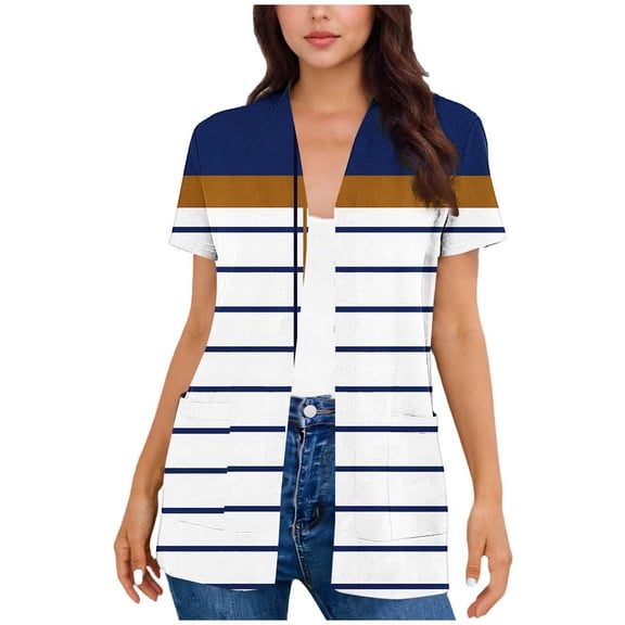 UVEASISHA Women's Color Block Striped Cardigans Open Front Short Sleeve V Neck Sweaters Lightweight ComfyTops with Pockets White S