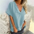 thumbnail image 5 of Olyvenn Stylish Cotton Linen Tops for Women V Neck Short Sleeve Tops Side Slit Basic Tunic Blouse Casual Style Loose Fit Solid Color Blouse Light Blue M, 5 of 9