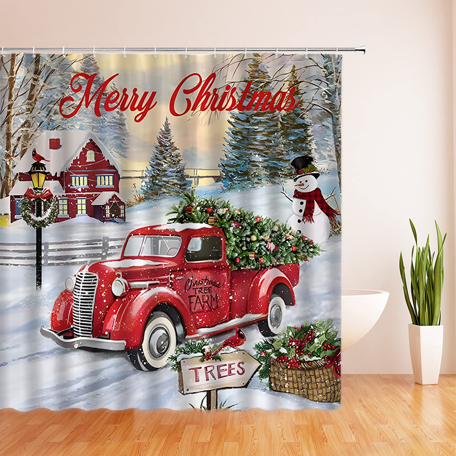 Merry Christmas Red Vintage Truck Shower Curtain Tree Winter Snow