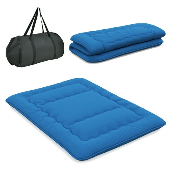 Costway Queen Futon Mattress Japanese Floor Sleeping Pad Washable Cover Carry Bag Blue