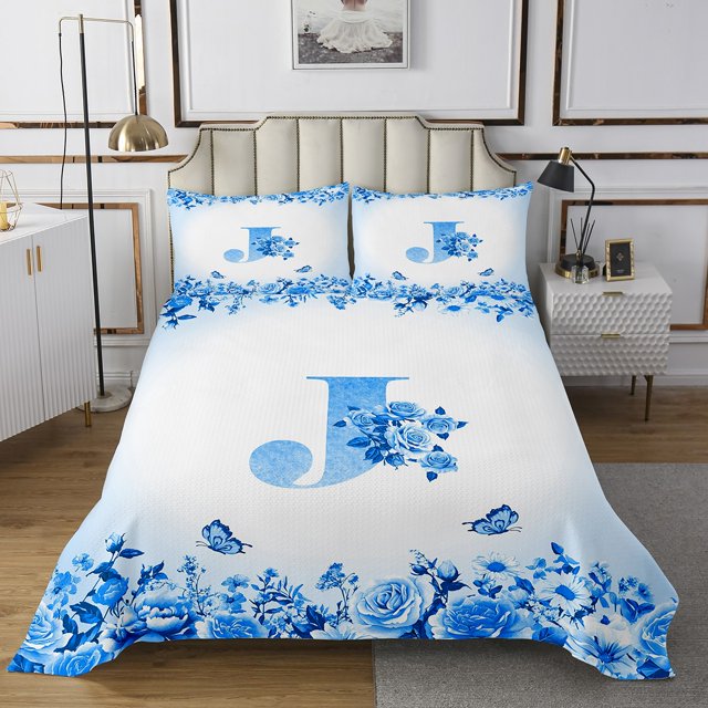 Erosebridal Letter Initial Bedspread Sets Twin Size,Monogrammed Personalized Bed Quilt,Flower Decor,Breathable,2pcs