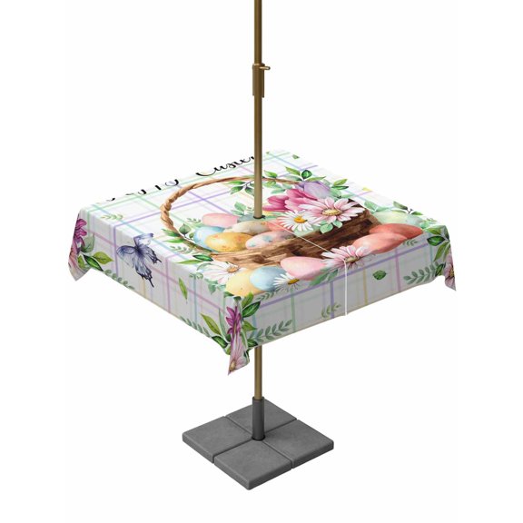 Happy Easter Outdoor Tablecloth - 54x54 Inch Square Dining Table Cover, Spring Daisy Eggs Leaves Butterfly Colorful Plaid Waterproof Outdoor Table Cloth with Umbrella Hole & Zipper for Picnic/Patio