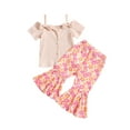 thumbnail image 2 of Aojekbee Kids Girl Summer Outfits Cold Shoulder Short Sleeves Button T-Shirt and Elastic Floral Flare Pants Cute 2 Piece Clothes, 2 of 10