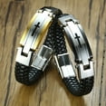 thumbnail image 3 of Braided Leather Bracelet For Men Chunky Bangle Stainless Steel Cross Wristband, 3 of 5
