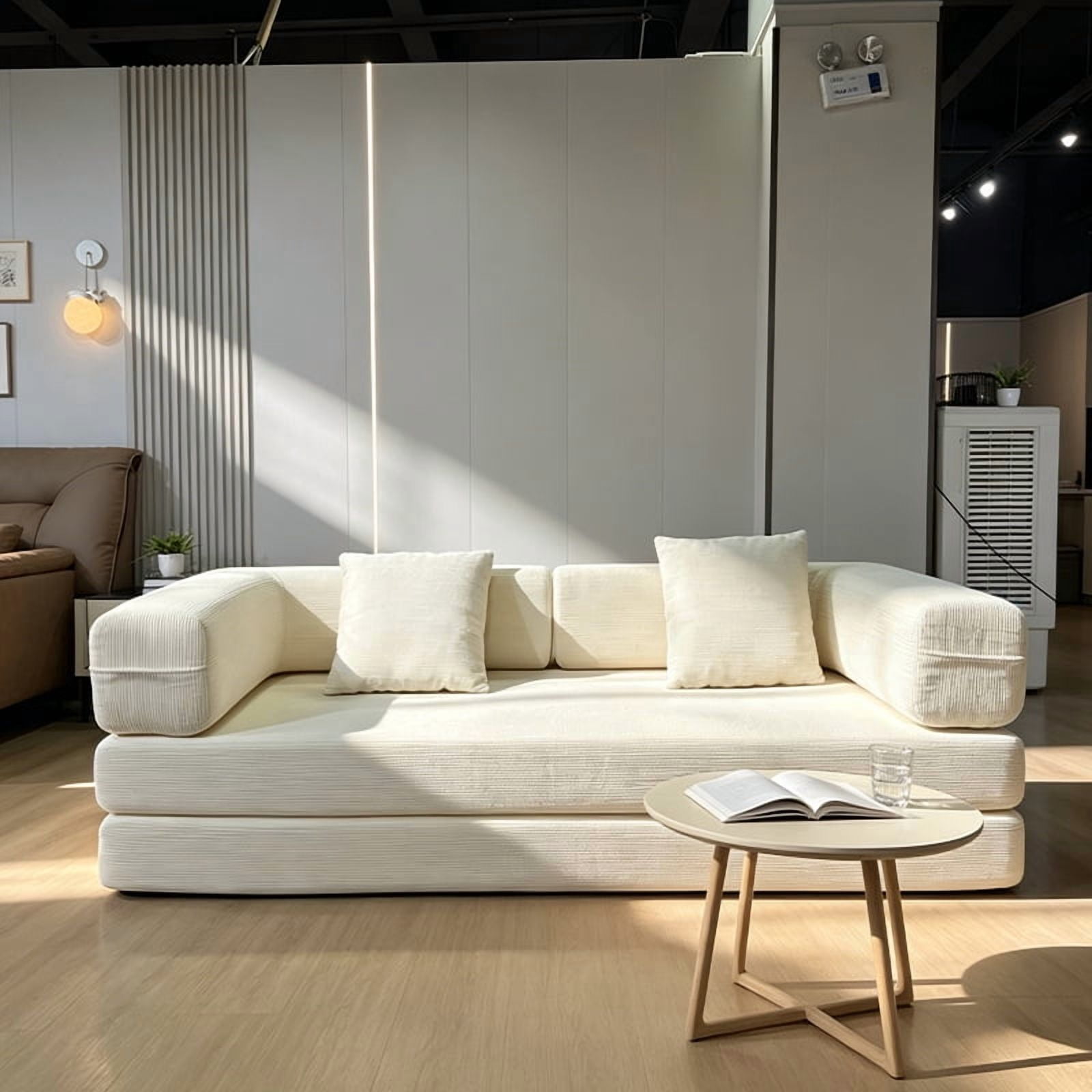 Garitin Sofa Bed and Convertible Floor Sofa 78.74 Inch, Corduroy Fabric Couch with Double Pillows for Living Room Bedroom, Ancient White