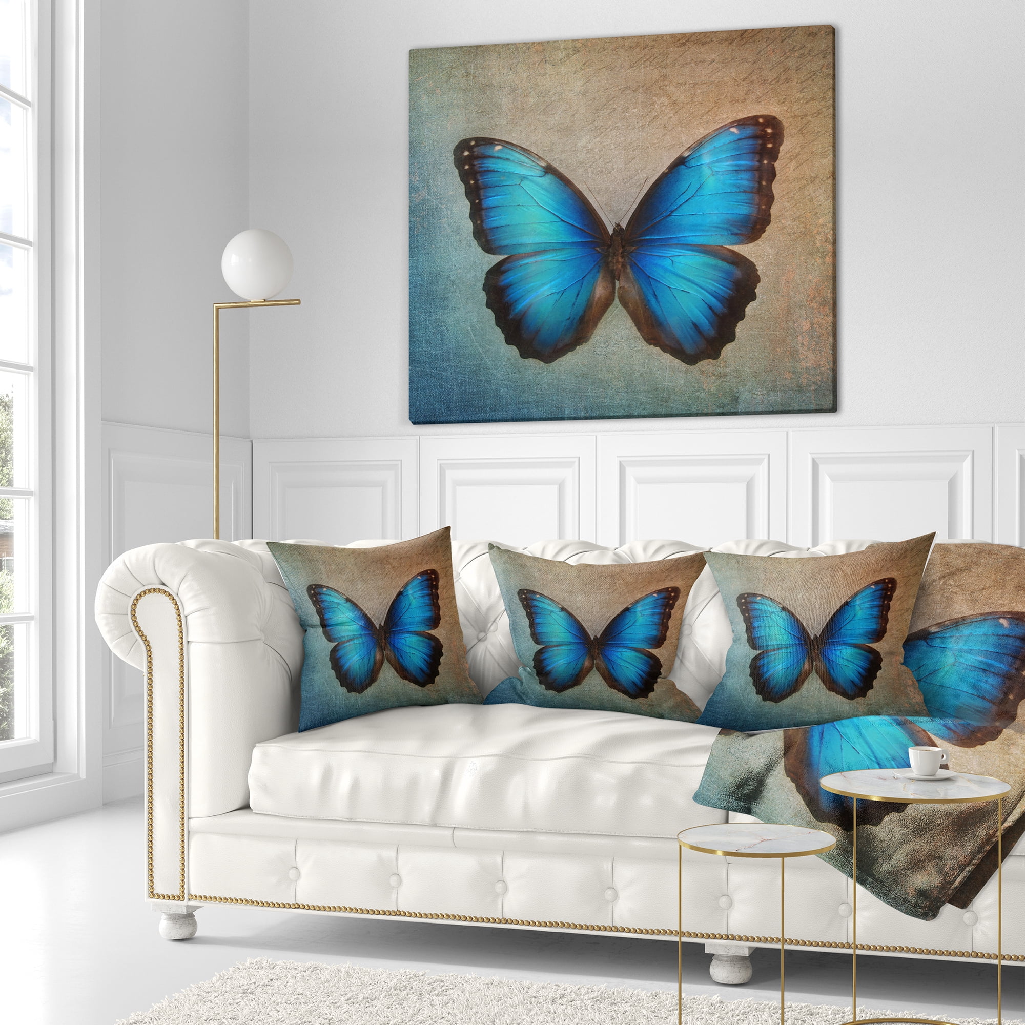 Designart Blue Vintage Butterfly - Floral Throw Pillow - 16x16