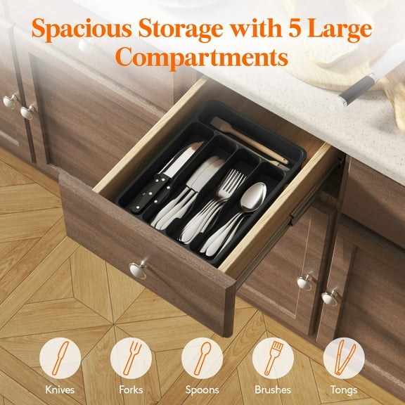 Silverware Drawer Organizer Tray, Plastic Cutlery Storage for Kitchen Drawer, Flatware and Utensil Holder Divider for Spoons Forks Knives Tableware, 5 Compartment, Black