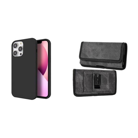 Slim Silicone Case and Belt Holster Pouch for iPhone 14 Pro Max (Black/Gray)