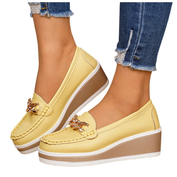 Wedge Loafers for Women Platform Cute Dress Casual Business Shoes Comfortable Lightweight Slip on Work Shoes with Gold Chain Yellow Size 6.5